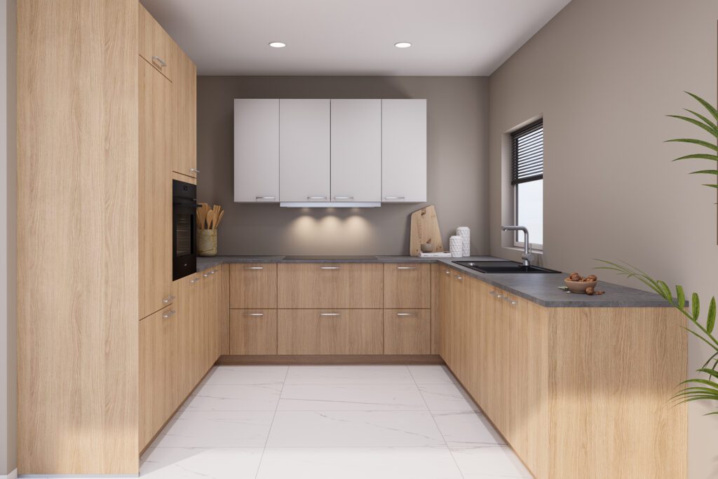 U-Form Küche in Eiche Natur mit grauer Arbeitsplatte