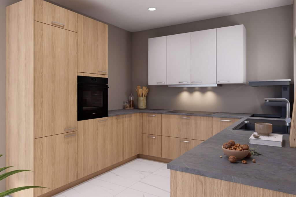 Perspektivische Ansicht einer U-Küche mit hohem Geräteschrank, integriertem Backofen und heller LED-Unterbaubeleuchtung.