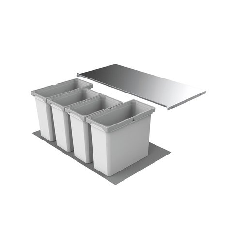 Naber-Cox Box 350 S-900-4 Abfalltrennsystem mit vier grauen Eimern und einer silbernen Deckelplatte.