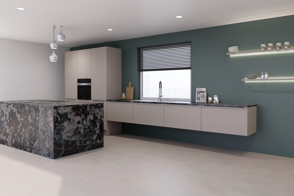 Seitenansicht einer modernen Küche mit schwebenden Unterschränken und beleuchteten Regalen.