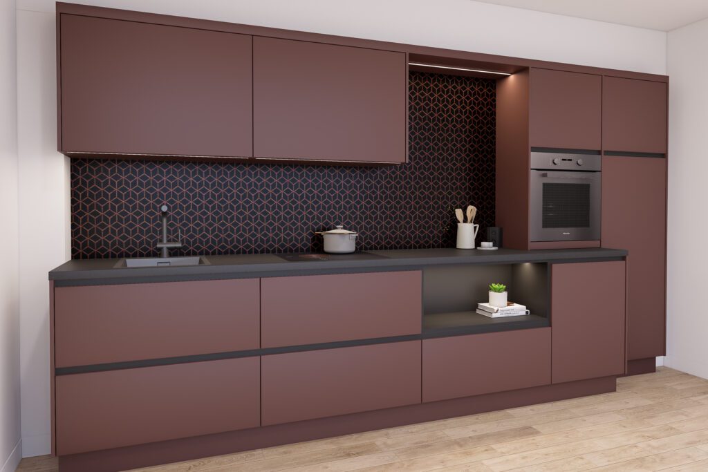 Schräge Ansicht einer weinroten Küche mit integriertem Regalmodul und dunkler Arbeitsplatte.