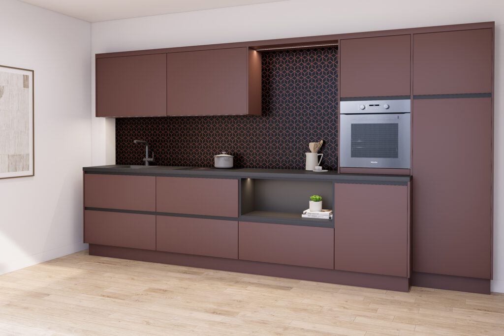 Weitwinkelaufnahme einer roten Küche im minimalistischen Loft-Stil.