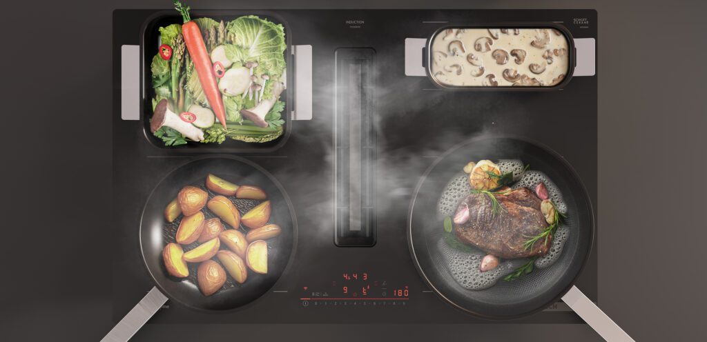 Draufsicht eines Bosch Induktionskochfelds mit integriertem Dunstabzug, auf dem Gemüse, Steaks, Sauce und Bratkartoffeln zeitgleich kochen.