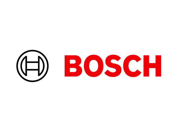 Offizielles Bosch Logo mit der markanten roten Wortmarke und dem schwarzen Anker-Symbol im Kreis auf weißem Hintergrund.