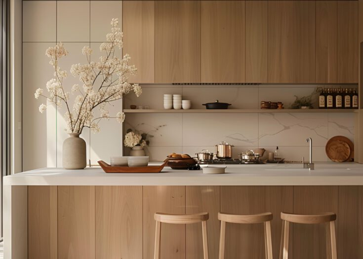 Eine elegante Holzküche im Japandi-Stil mit einer großen Kochinsel und drei hölzernen Barhockern.